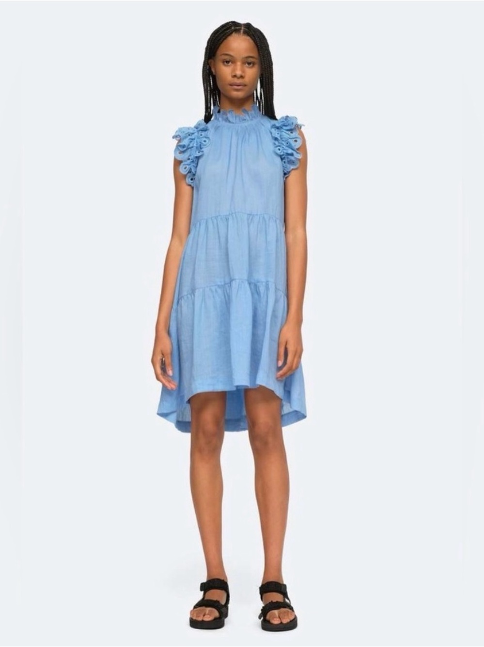 SEA New York Light Blue Ruffle Eyelet Sleeve Tiered Linen Blend Mini Dress